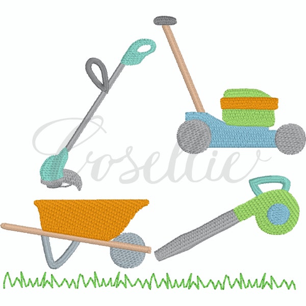 Mini lawn tools embroidery design, Lawn tools, Boy, Lawnmower, Leaf blower, Wheelbarrow, Weed eater, Grass, Spring, Yard work, Yard tools