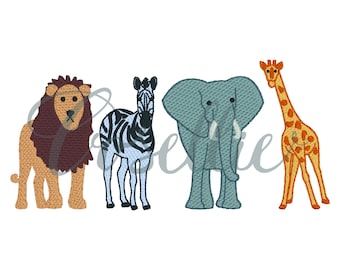 サファリ動物のミニ刺繍デザイン、サファリ、動物園、ゾウ、ライオン、シマウマ、キリン、ヴィンテージステッチ刺繍デザイン、動物園の動物