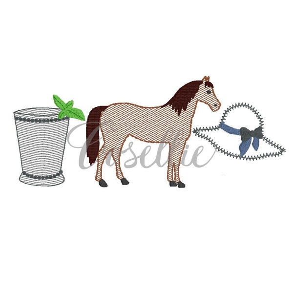 Horse derby girl quick stitch embroidery design, Horse embroidery design, Mint julep, Hat, Jockey shirt, Horse racing, Vintage stitch