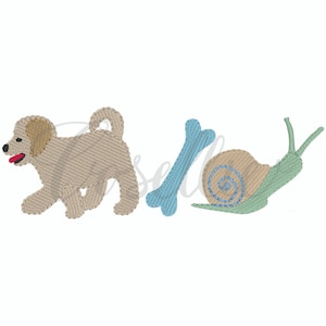 Peut inclure: Un chiot beige avec une langue rouge court vers un os bleu et un escargot vert avec une coquille beige.