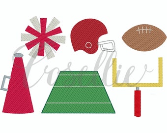 Football minis embroidery designs, Football, Goal post, Helmet, Megaphone, Cheerleader, Pom poms, Field goal, Football field