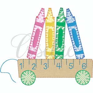 Crayons wagon embroidery design, Crayons applique, Vintage crayon, Ruler, Back to school, Vintage stitch embroidery design, Applique, School