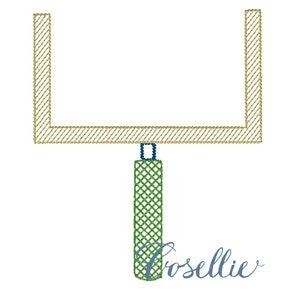 May include: A green and gold football goalpost with a blue top. The word "Rosalie" is written in blue below the goalpost.