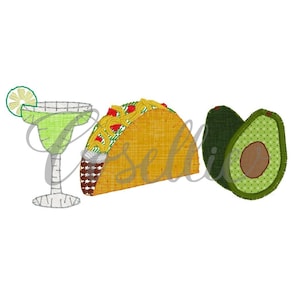 Diseño de bordado de trío de apliques de bebida de taco, diseño de bordado mexicano, Margarita, Aguacate, Cinco de Mayo, Fiesta, México, Fiesta, Tacos