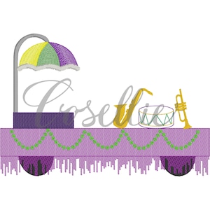 May include: A purple and green Mardi Gras float with a yellow, green, and purple umbrella, a gold saxophone, a gold drum, and a gold trumpet. The float has a purple base with green garland and a purple fringe.