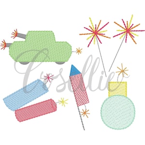 Fireworks build your own embroidery design, Mini Fireworks, sparklers, tank, bomb, firecrackers, July 4th, Vintage Memorial Day, Patriotic