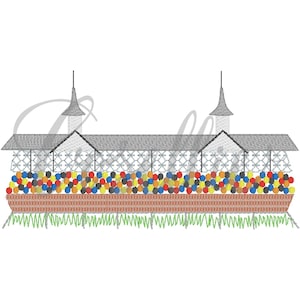 May include: An embroidered design of a building with a gray roof and two spires. Below the building is a brown structure filled with colorful spheres. Green grass is at the bottom of the design.