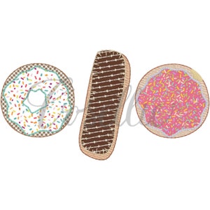 May include: Three embroidered patches featuring a chocolate bar, a pink donut with sprinkles, and a white donut with colorful sprinkles.