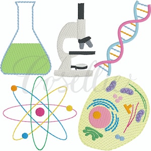 Science build your own embroidery design, Science, School, School subject, Math, Microscope, DNA, Chromosome, Beaker, Atom, Cell, Crayons