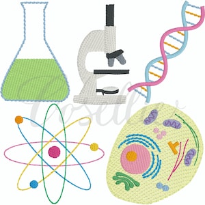 May include: A set of five colorful science-themed embroidery designs. The designs include a beaker with green liquid, a microscope, a DNA strand, an atom, and a cell.