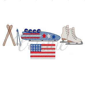 May include: A set of winter sports icons in red, white, and blue. The icons include a bobsled, skis, ice skates, and an American flag.