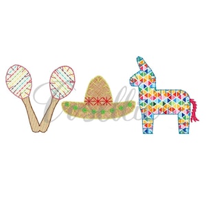 Fiesta applique embroidery design, Pinata embroidery design, Cinco de Mayo, Maracas, Sombrero, Mexico, Party, Vintage stitch embroidery