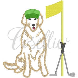 May include: A cartoon illustration of a golden retriever wearing a green golf hat, sitting next to a golf flag and two golf clubs.