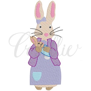 May include: Embroidered design of a purple-clad bunny holding a smaller brown bunny. The larger bunny has pink ears and a blue bow.