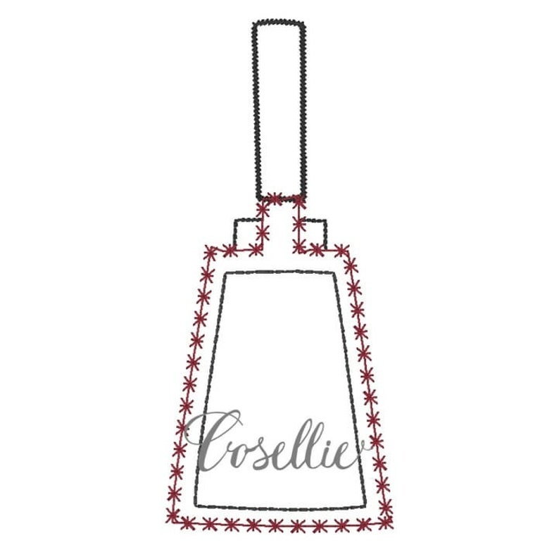 May include: A black and white outline of a bottle with a red stitch design around the edges. The word "Coselie" is written in gray inside the bottle.