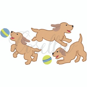 以下が含まれることがあります： 3匹の茶色の犬がボールで遊んでいます。1匹の犬が青と黄色のボールをくわえて走っています。もう1匹の犬が黄色と青のボールをくわえて走っています。3匹目の犬は横になって、黄色と青のボールを見ています。