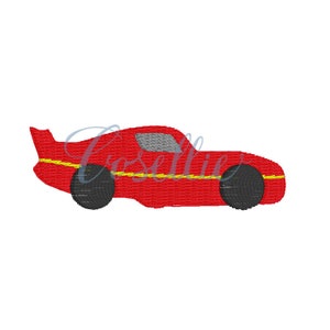 May include: Red race car with a yellow stripe and black wheels.