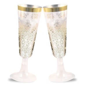 30 Einweg-Kunststoff-Champagnerflöten / Gläser mit Goldrand und Blumenmuster, 5 oz. Fassungsvermögen, transparent