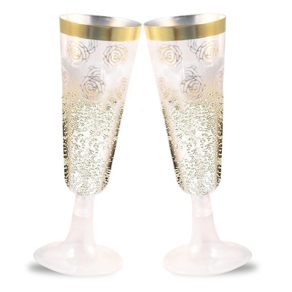Reli. 50 Flute Da Champagne In Plastica Trasparente Con Bordo Dorato - Senza Stelo, Infrangibili, USA E Getta