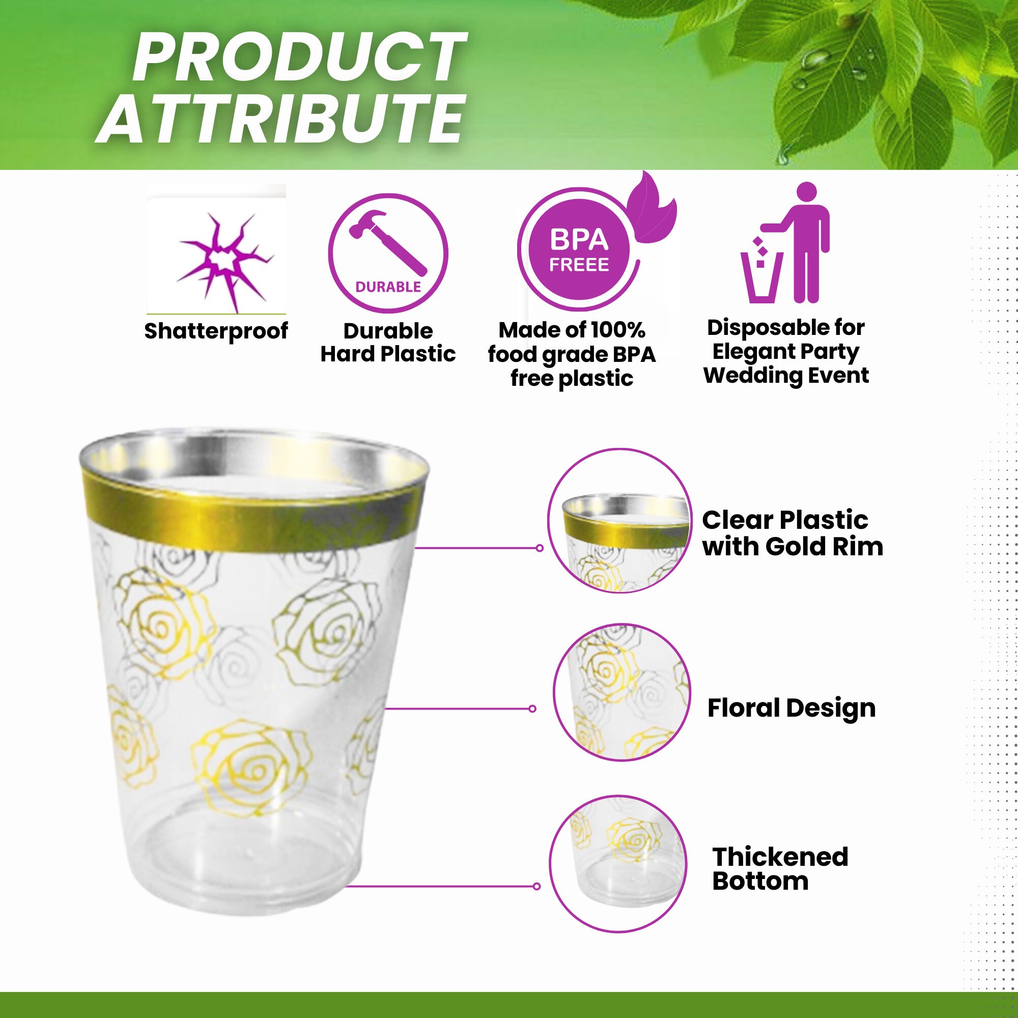 Elegant Disposable Plastic Glasses/cups With Gold Rim and Floral Design ...