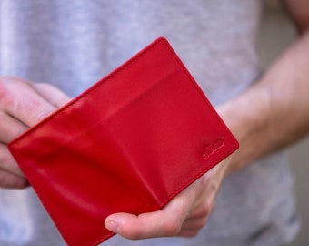 Carteira masculina clássica vermelha, modelo slim | Carteira em couro legítimo | Carteira fina | Presente para ele | Presente exclusivo | Presente personalizado