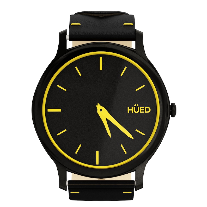 May include: A black wristwatch with a yellow rim around the face. The watch face is black with yellow hour markers and a yellow second hand. The brand name "H&Uuml;ED" is printed in white on the watch face.