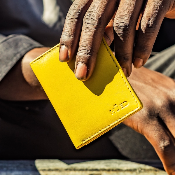 Yellow Slim Men's Wallet | Genuine Leather Wallet | Slim Wallet | Gift for Him | Unique Gift | Personalised Gift | Hued Classic