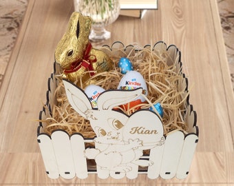 Personalisiertes Geschenk Ostern Eier Korb mit Kaninchenmotiv aus Holz Ostern Hase