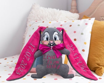 Personalized cuddly toy pink mouse gray bunny with name and baby's details. Unique gift for birth, baptism and Easter