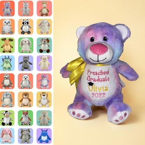 May include: A plush, tie-dye teddy bear in shades of purple, pink, and blue, with a yellow ribbon around its neck. The bear has a white belly embroidered with "Preschool Graduate Olivia 2022". A collection of small plush toys are in the background.