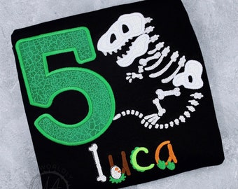 Dinosaur Birthday Shirt, Embroidered Dino Bones Birthday Shirt, Custom T Rex Fossils Birthday T Shirt, Boys Dinosaur Birthday Party