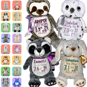 Personalized Birth Announcement Stuffed Animal, Embroidered Plush Toy