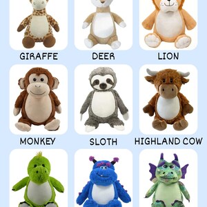 May include: Nine plush animal toys, including a giraffe, deer, lion, monkey, sloth, highland cow, dinosaur, monster, and dragon. Each stuffed animal has embroidered details and is labeled with its name in a bold font.