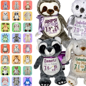 Peluche de anuncio de nacimiento personalizado, peluche bordado con estadísticas de nacimiento, regalo para baby shower, regalo para recién nacido, peluche para carta natal