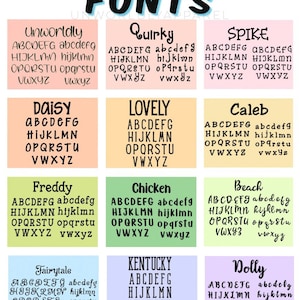 May include: A grid of twelve font styles, each displayed with the alphabet in uppercase and lowercase. The word "FONTS" is at the top. Each font is on a colored background, with names like "Unworldly", "Quirky", and "Dolly".
