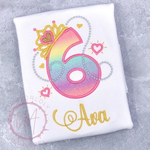 Princess Glitter Birthday T Shirt | Custom Tiara Pastel Age Shirt | Personalized Kids Embroidered Sparkly Shirt
