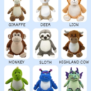 May include: Nine plush animal toys, including a giraffe, deer, lion, monkey, sloth, highland cow, dinosaur, monster, and dragon. Each stuffed animal has embroidered details and is labeled with its name in a bold font.