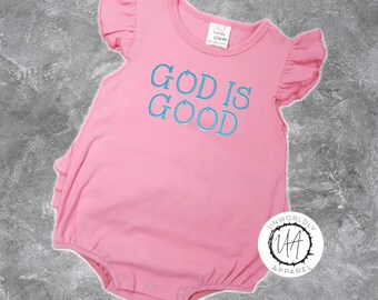 Embroidered "God Is Good" Baby Romper: Christian Ruffle Onesie