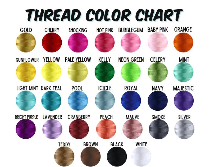 May include: A thread color chart with a variety of colors, including gold, cherry, shocking pink, and orange. The chart displays the names of the colors, such as "Baby Pink," "Navy," and "Silver."