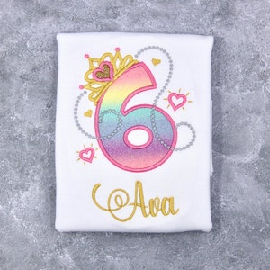 Princess Glitter Birthday T Shirt | Custom Tiara Pastel Age Shirt | Personalized Kids Embroidered Sparkly Shirt