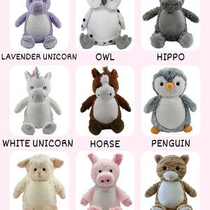 May include: Nine plush stuffed animals, including a lavender unicorn, owl, hippo, white unicorn, horse, penguin, lamb, pig, and cat. Each animal has embroidered details and is displayed on a light pink background. The names of the animals are written below them.