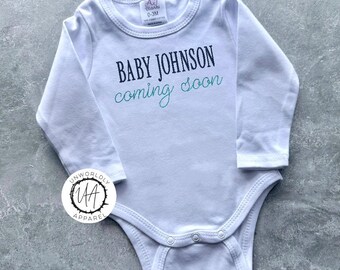 Embroidered Pregnancy Announcement Onesie: Baby Coming Soon, Surprise Reveal