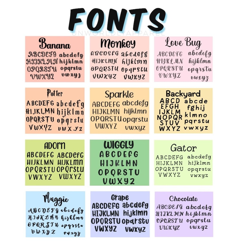 May include: A graphic showcasing various font styles, each labeled with a unique name like "Banana" and "Monkey." The fonts are displayed in both uppercase and lowercase letters, with each style presented on a colored background.