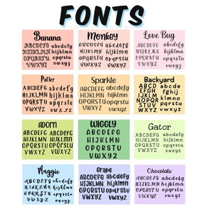 May include: A graphic showcasing various font styles, each labeled with a unique name like "Banana" and "Monkey." The fonts are displayed in both uppercase and lowercase letters, with each style presented on a colored background.