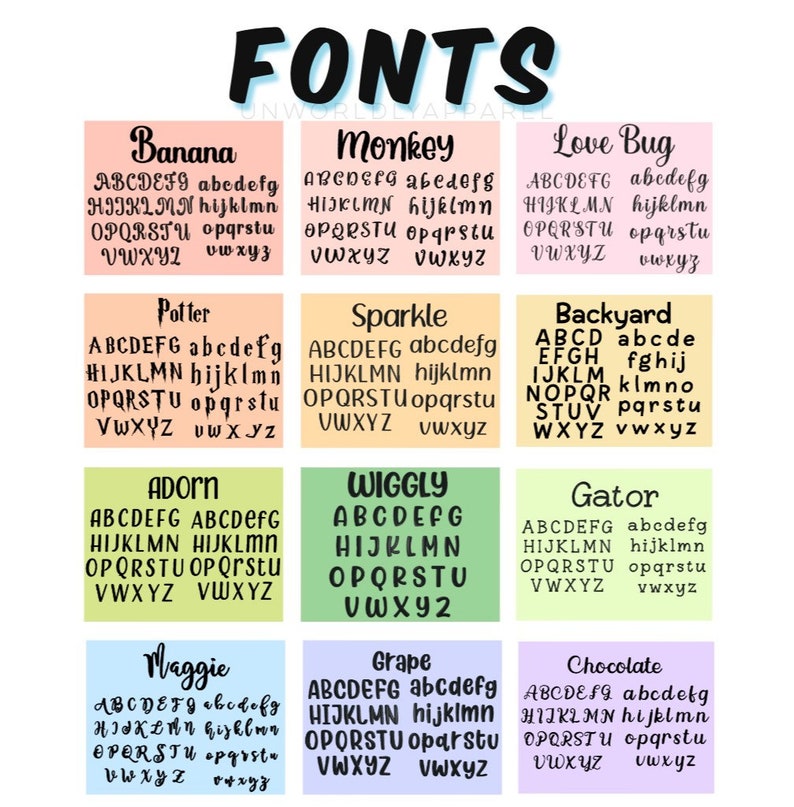 May include: A graphic showcasing various font styles, each labeled with a unique name like "Banana" and "Monkey." The fonts are displayed in both uppercase and lowercase letters, with each style presented on a colored background.