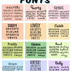 May include: A grid of twelve font styles, each displayed with the alphabet in uppercase and lowercase. The word "FONTS" is at the top. Each font is on a different colored background, including pink, yellow, green, and blue.