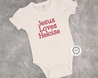 Jesus Loves Me Embroidered Onesie, Custom Baby Name Onesie, Christian Baby Onesie, Jesus Baby Onesie, Christian Baby Gift, Baby Name Outfit