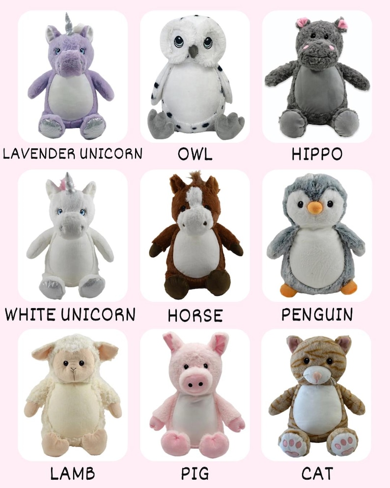 May include: Nine plush stuffed animals, including a lavender unicorn, owl, hippo, white unicorn, horse, penguin, lamb, pig, and cat. Each animal has embroidered details and is displayed on a pink background. The names of the animals are written below each one.