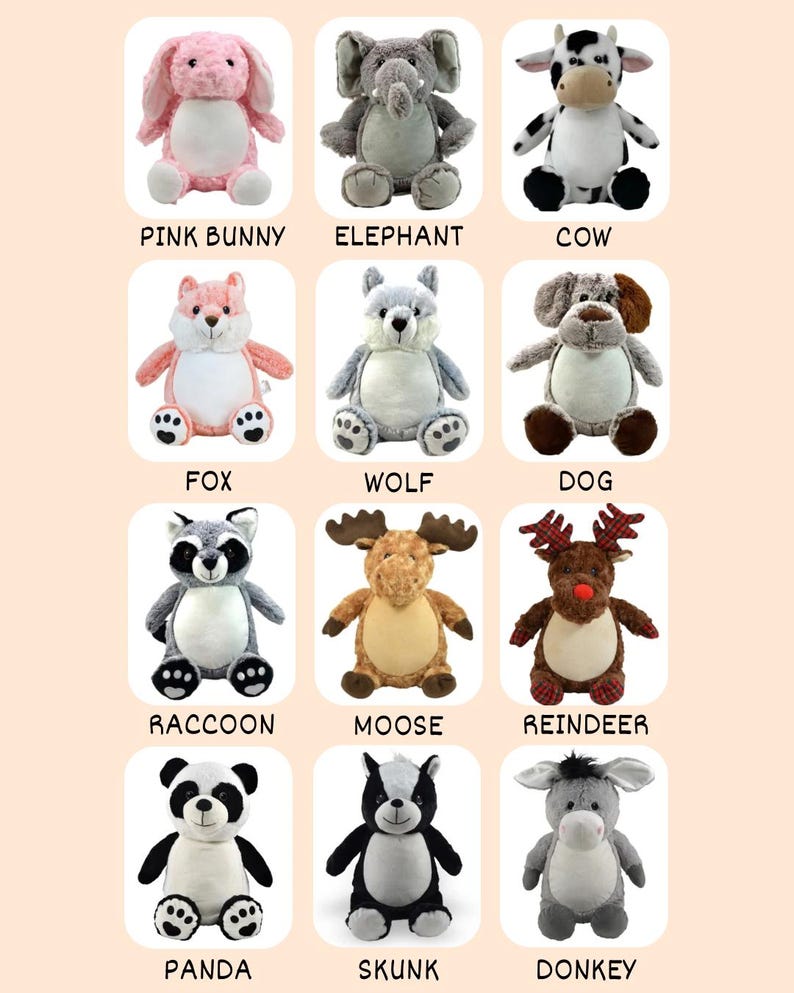 May include: A collection of plush animal toys, including a pink bunny, elephant, cow, fox, wolf, dog, raccoon, moose, reindeer, panda, skunk, and donkey. Each toy has embroidered details and is labeled with its name.