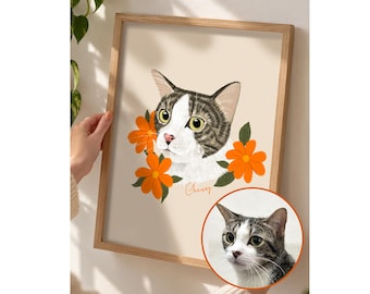 Custom Pet Portrait from Photo, Personalized Dog or Cat Portrait with Name